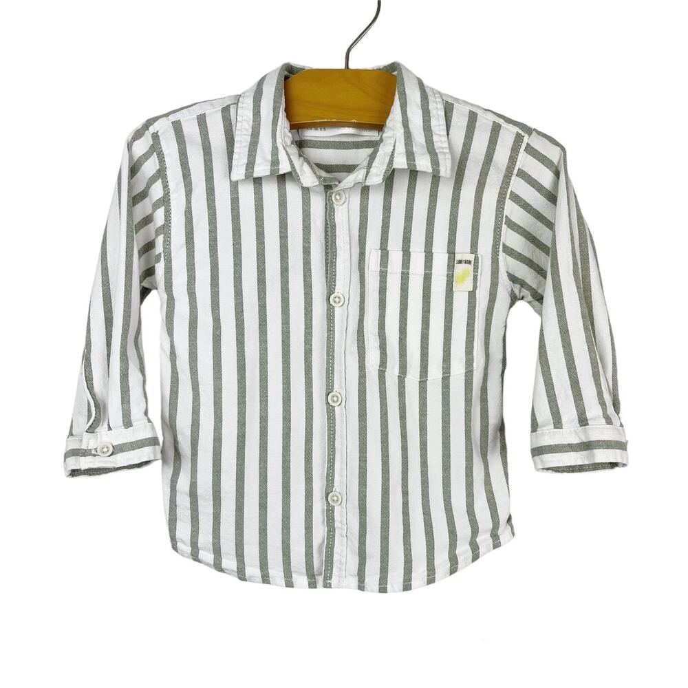Zara Green Stripe Button Down Long Sleeve Shirt Size 9-12 Months